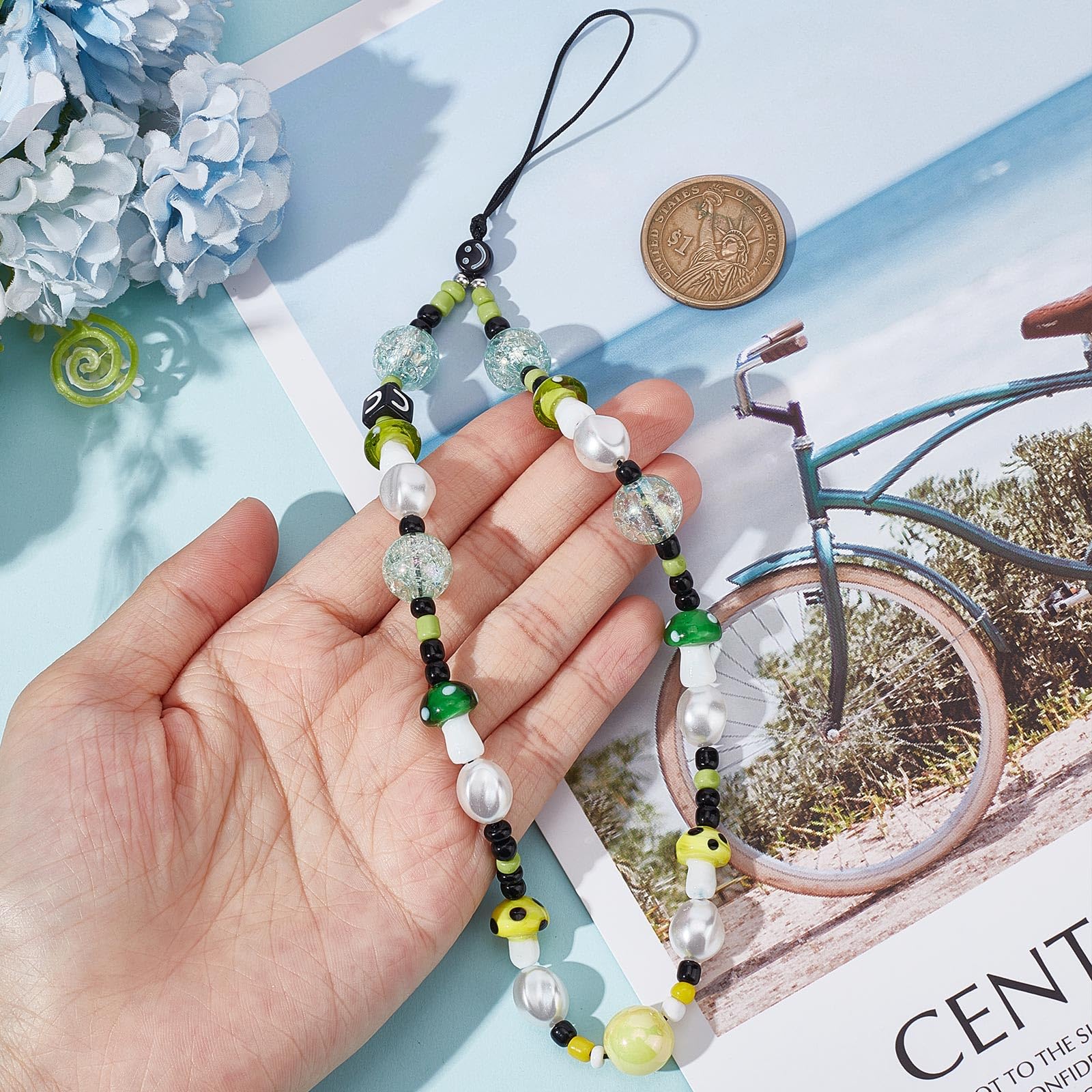 Gorgecraft 9.4 Inch Green Yellow Mushroom Beaded Phone Charm Strap Detachable Phones Anti Lost Chain Hands Free Wrist Straps Cel